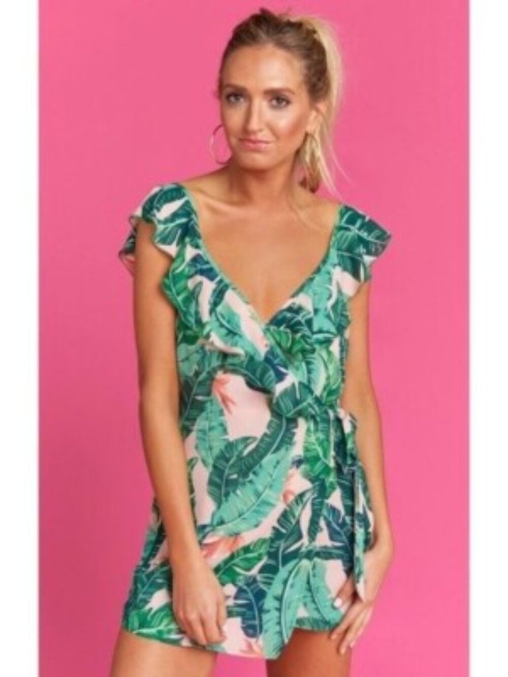 Show Me Your MuMu x Barbie Pink Tropical Wrap-Style Romper